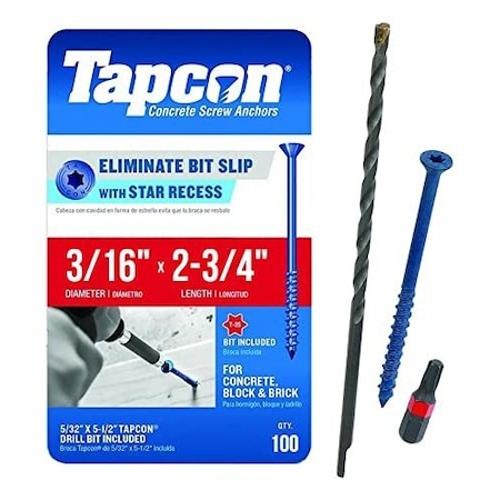 Tapcon 3/16-inch x 2-3/4-inch Climaseal Blue Flat Head T25  Concrete Screw Anchors w/Drill Bit, 100PK 3140T25